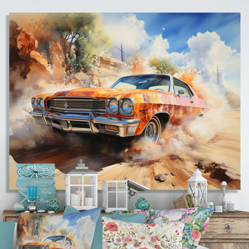 Orange Muscle Car On Offroad - Car Muscle Car Canvas Wall Art